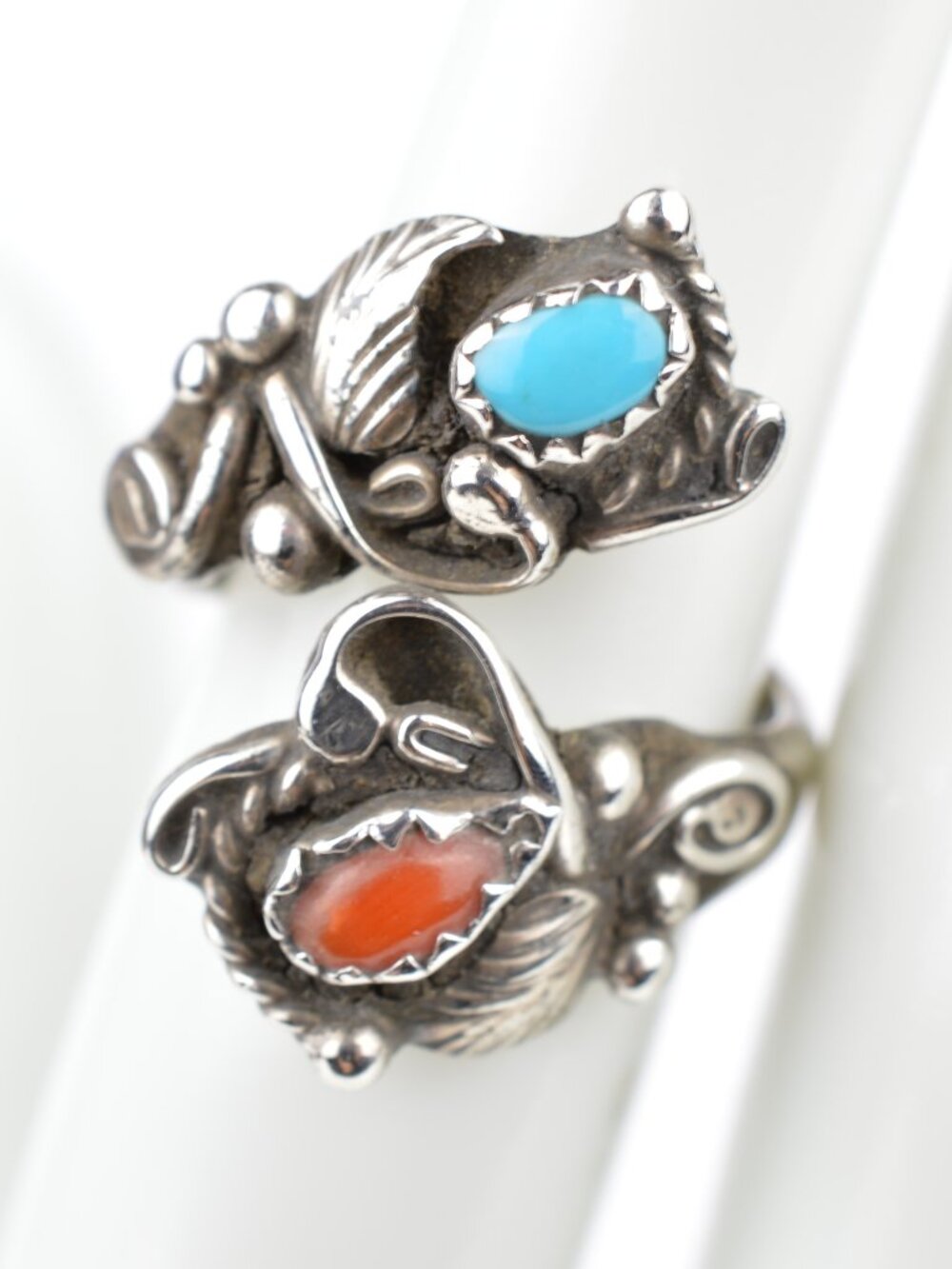 Navajo Vtg Sterling Silver Sleeping Beauty Turquoise Coral Ring 5.5 LH